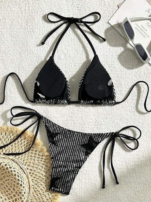 Halter Shiny Star Sequins Bikini 2025 Women Swimsuit Female Swimwear Two Pieces Bikini Set Brazilian Bathing Suit Swim Beachwear